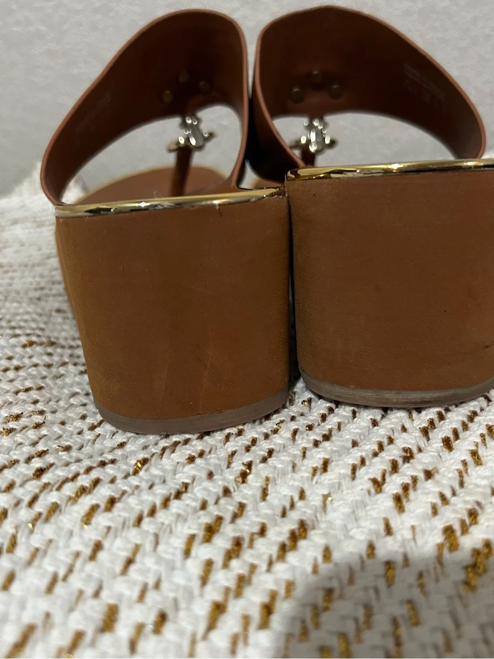 Aldo Chestnut Brown Platform Toe-Post Sandals with Gold Hardware